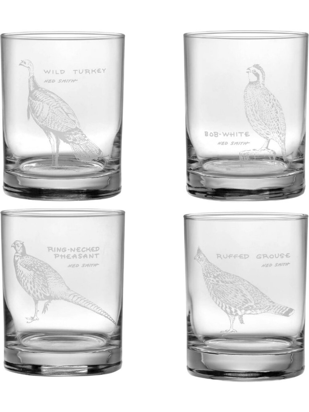 Set of 4 Double Old Fashioned Glasses - Upland Gamebirds Design, 14-Ounce